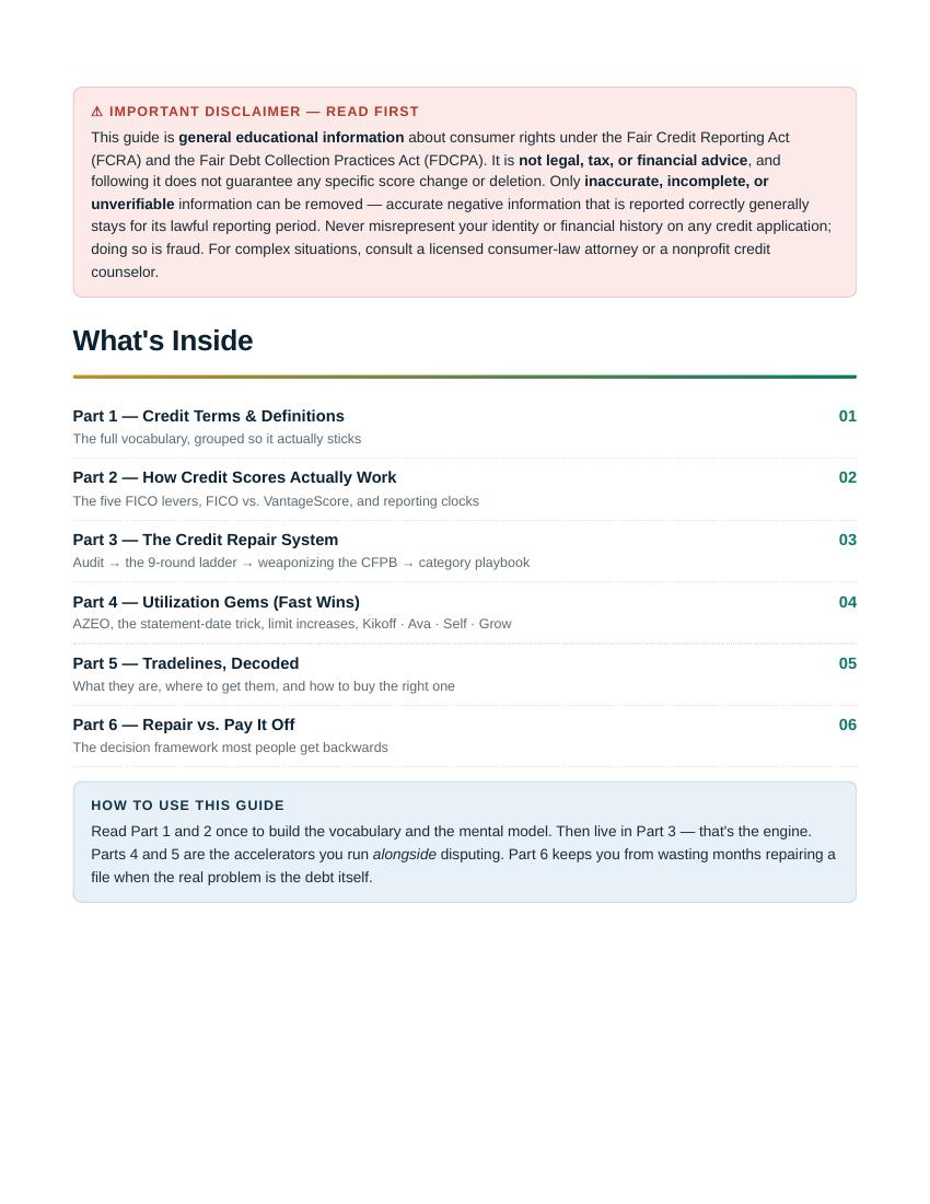 Inside the playbook — table of contents with the six parts of the repair system