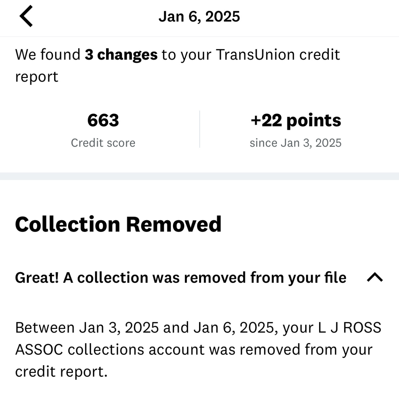 Notification that a collection account was removed from a client's credit report, up 22 points