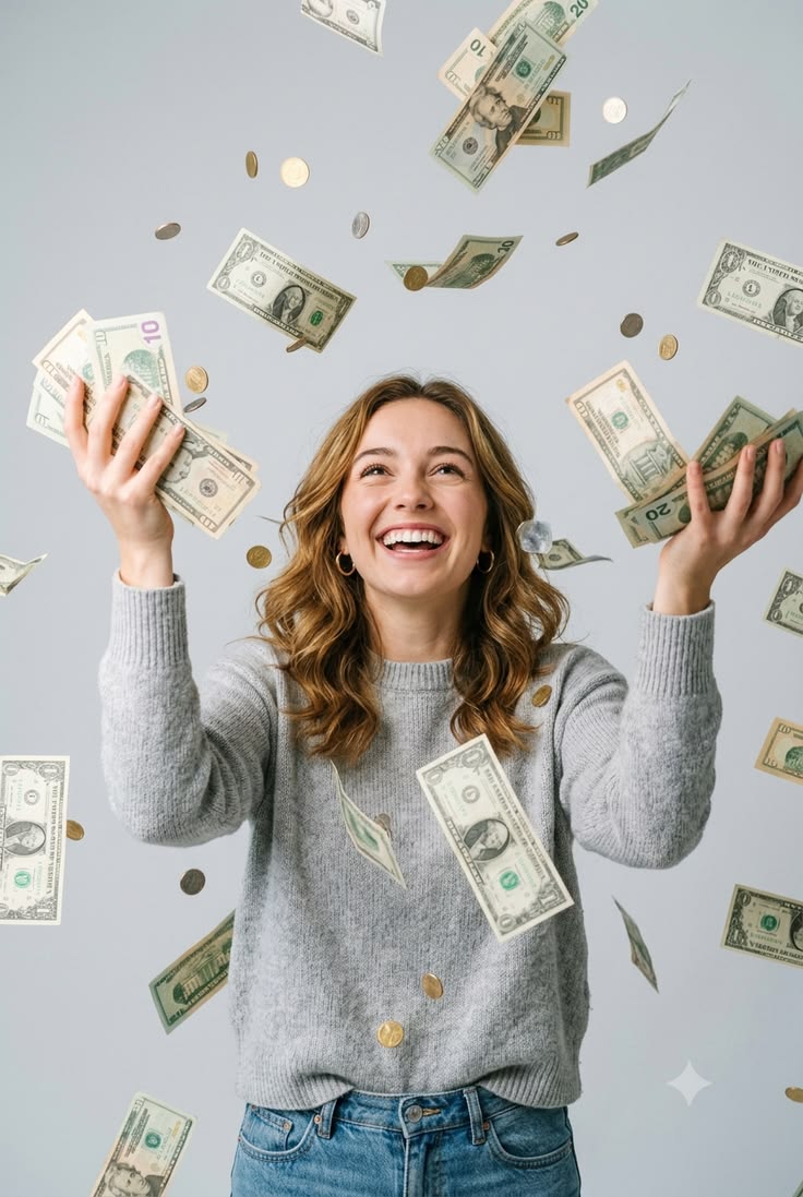 A relieved client celebrating with cash falling around her
