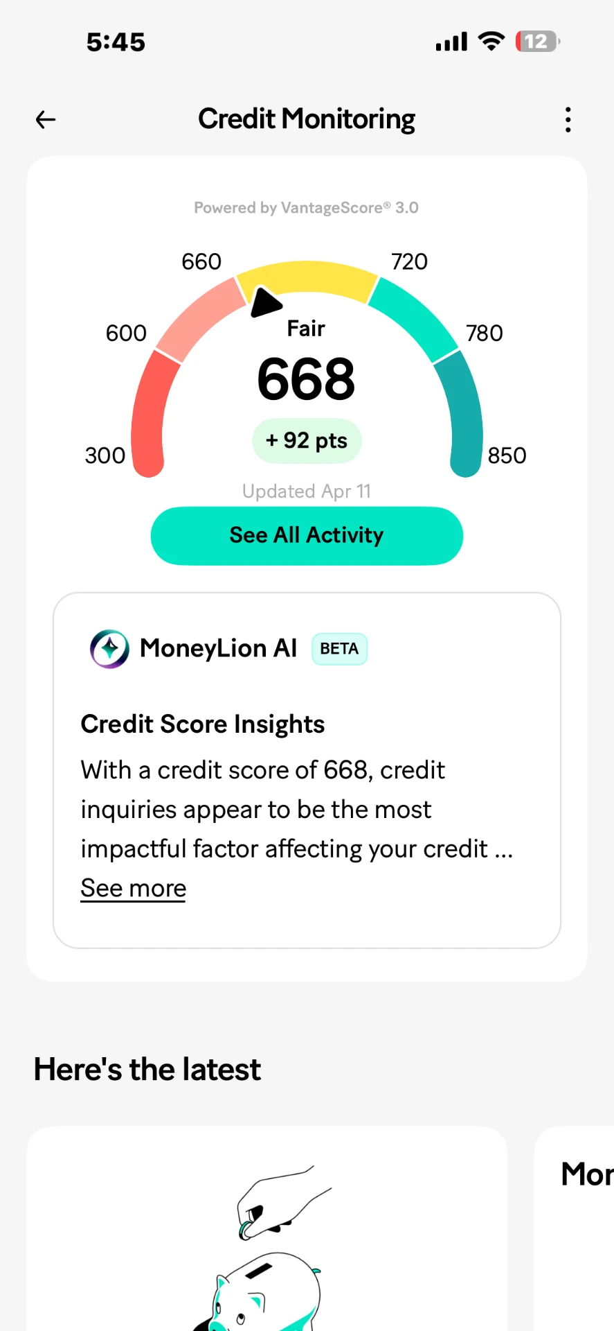 Client credit monitoring dashboard showing a 668 score, up 92 points