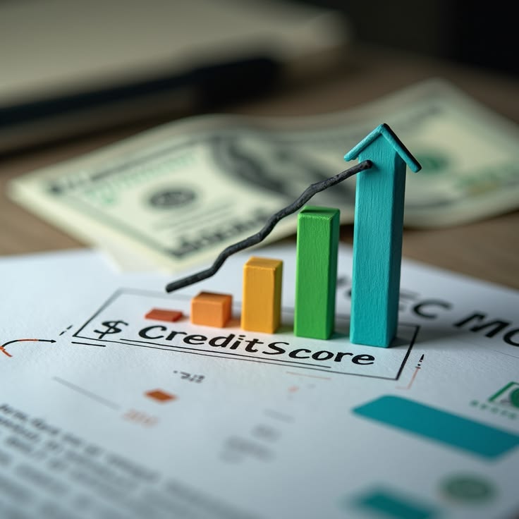 A rising credit score chart shaped like a house, symbolizing credit growth toward home and auto goals